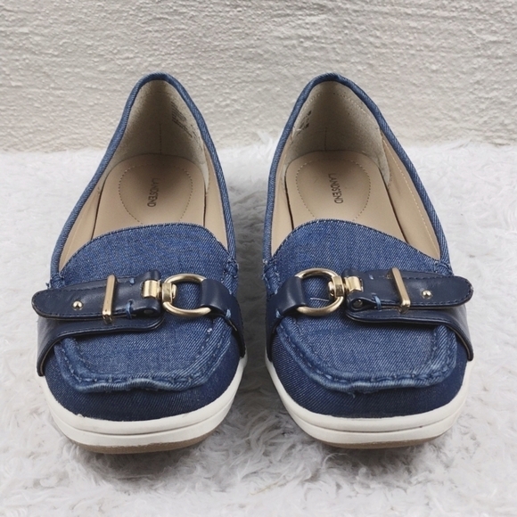 Lands' End Blue Denim Fabric Upper Square Toe Slip On Flat Casual Loafer Shoe - Picture 2 of 16